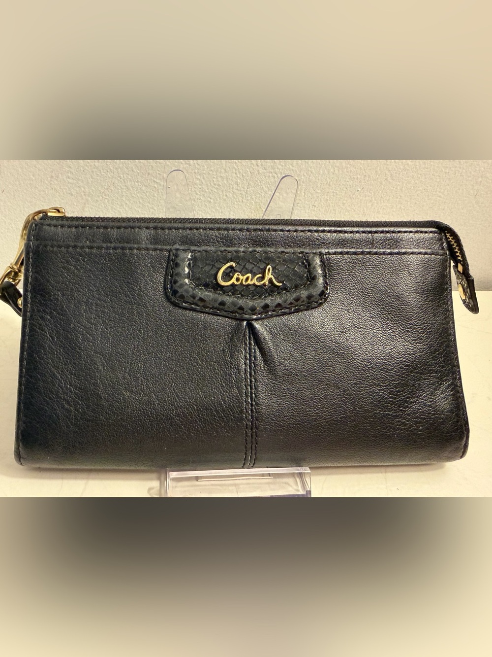 Coach Pleated Leather Wallet/Wristlet with snakeskin detail on the logo patch.